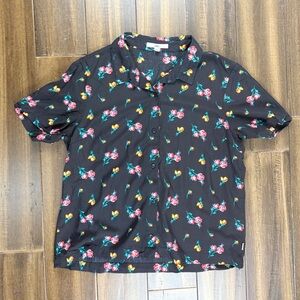 Vans Button Down Collar Black Floral Shirt Top Pink & Yellow Roses Short Sleeve